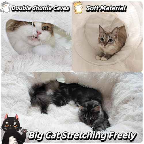 4 Cave Shuttled XL Cat Tunnel Bed for Indoor Cats Peekaboo Toy Donut with Warm Mat (White)