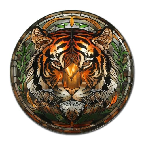 Metal Sign Tin Sign Circular Stained Glass Tigle Minimalist Wall Art for Home Decor 8×8 Inches (8×8 Inches / Tigle-3)