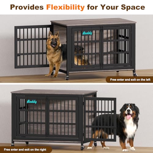 46"/42"/33" XXL Heavy Duty Dog Crate Furniture with Casters (46.1"L x 28.7"W x 31.9"H / Grey)