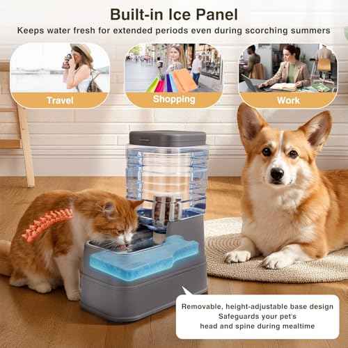 2 Pack Automatic Cat Feeder and Water Dispenser 1.3 Gallon Dog Gravity Food Feeder and Water with Ice Pack Stainless Steel Dry Food and Water Bowl for Small Medium Large Pets (Grey)