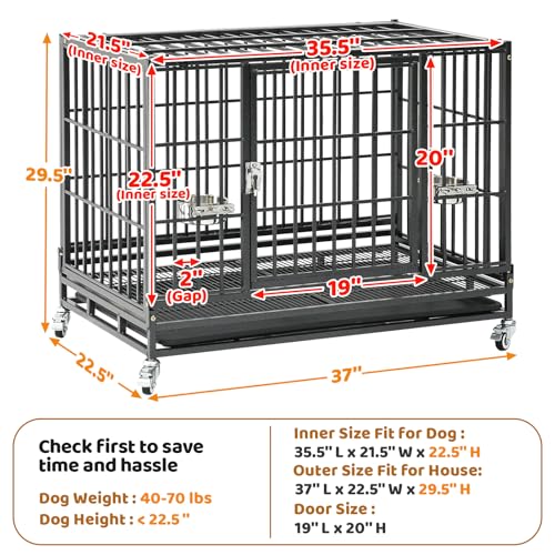 37 Inch Heavy Duty Dog Crate for Medium Dogs (37.0"L x 22.5"W x 29.2"H)