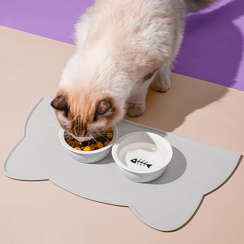 Cat Food Mat Silicone Non Slip Dog Bowl Mat Waterproof Cat Feeding Mat Stop Food Spills and Water Messes Out to Floor Pet Food Mat (Light Gray / 17" x 10")