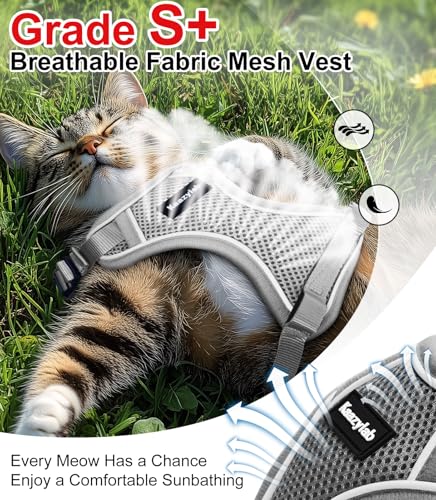 Cat Harness and Leash for Walking Escape Proof Soft Adjustable Cat Leash (Grey / S (7-12lb))