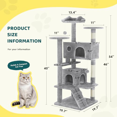54 Inch Cat Tree Tower with Scratching Posts (Light Grey / 54 Inch)