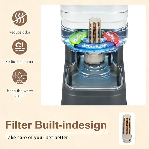 1.6 Gallon Pet Automatic Dog Water Dispenser Cat Gravity Waterer Feeder with Stainless Steel Bowl 8L Large Capacity Puppy Feeding Raised Bowls with Filter (Charcoal Gray / 6L(1.6 Gallon))