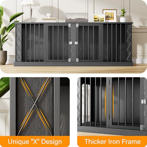 86.6" Wooden Double Dog Crate Furniture for 2 Large Dogs (Dark Black / 86.6"L x 23.6"W x 31.5"H)