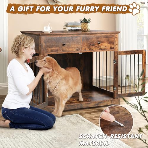 Large Dog Crate Furniture with 2 Drawers (Dark Brown)