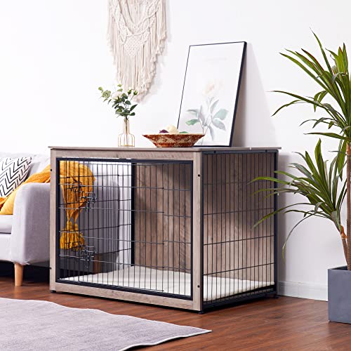 43.3" XXL Dog Crate Furniture with Cushion (Greige / 43.3"L x 29.1"W x 31.7"H)