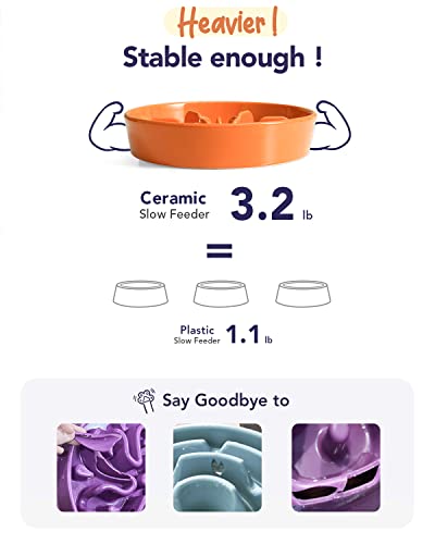 Ceramic Slow Feeder Puzzle Bowl Elevated 1.5 Cup with Wooden Stand for Small & Medium Dog (Sun Orange+Stand / M-1.5 Cups)