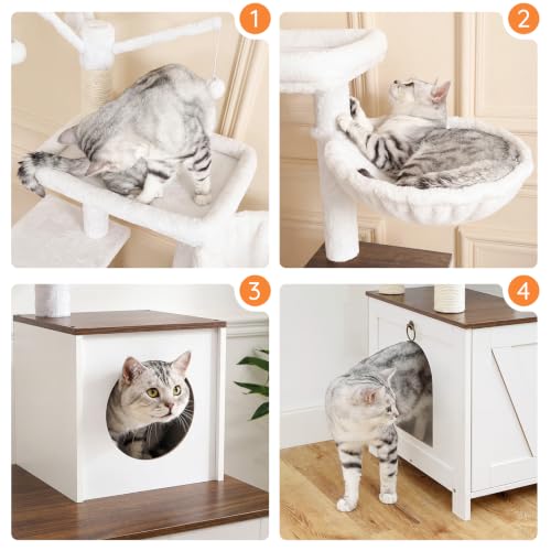 Cat Tree with Litter Box Enclosure for Indoor (White + Walnut)