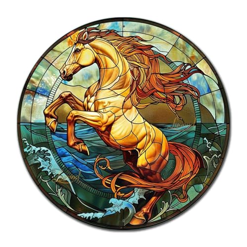 Metal Sign Tin Sign Circular Stained Glass Horse Boho Office Decor For Yard 8×8 Inches (8×8 Inches / Horse-2)