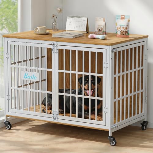 Heavy Duty Dog Crate Furniture with Personalized Name Tag (White & Beech / 40.8"L x 29.3"W x 30.2"H)
