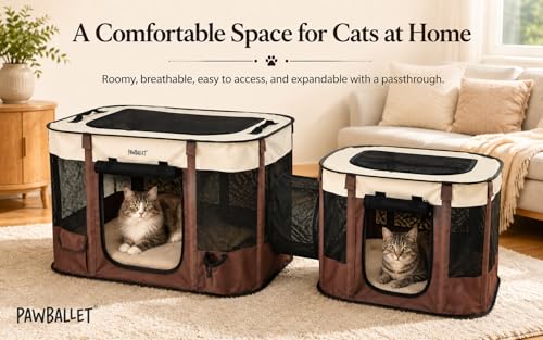 2-in-1 Dual-Zone Pet Playpen for Cats & Small Dogs, Portable Indoor Outdoor Pet Enclosure with Connected Rest & Feeding Areas, Foldable Pet Tent with Carrying Bag (Brown / Medium (2-IN-1))