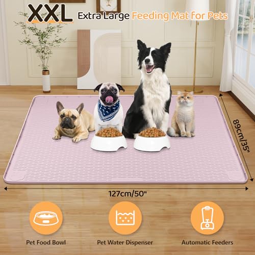 Dog Food Mat 50''x35'' Extra Large Dog Mat for Food and Water (50"L x 35"W / Pink)