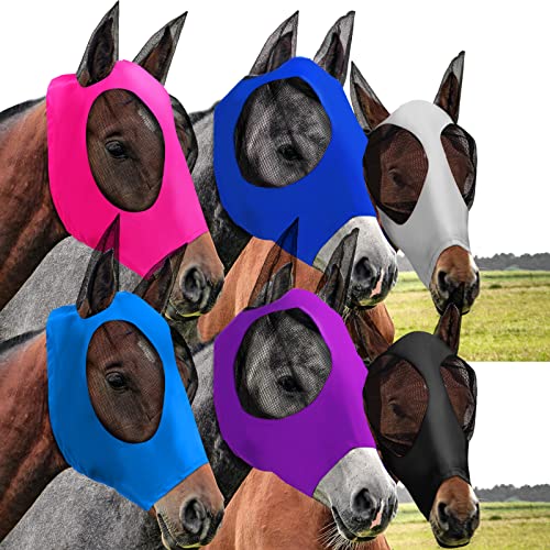 6 Pcs Horse Fly Masks with Ears Comfort Breathable Mesh Fly Masks Net UV Protection Large Eye Space Full Face Covering Elasticity Soft for Horses (Large)