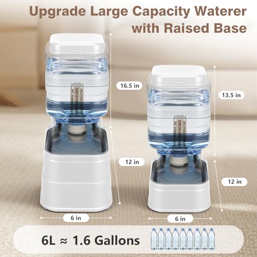 1.6 Gallon Pet Automatic Dog Water Dispenser Cat Gravity Waterer Feeder with Stainless Steel Bowl 8L Large Capacity Puppy Feeding Raised Bowls with Filter (White / 6L(1.6 Gallon))