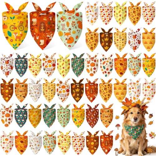 50 Pcs Fall Dog Bandanas Bulk Autumn Leaf Pumpkin Acorn Mushroom (Woodland Autumn / 25.6 x 17.7 x 17.7")