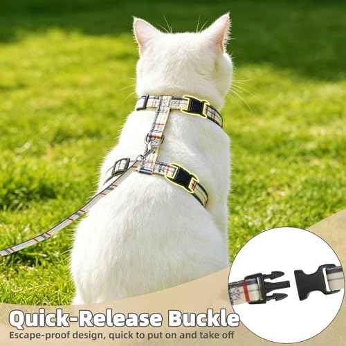 Adjustable Cat Harness and Leash Set Escape Proof Kitten Strap Collar for Walking Travel (Small / Beige(Plaid))