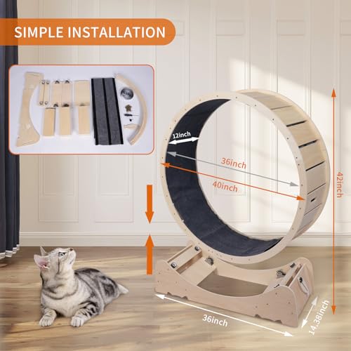 Large Cat Exercise Wheel 40 Inch Treadmill Exerciser for Indoor Cats Love Kitty Running Toy Walking Training for Fitness Weight Loss Device Suitable for Most Cats Physical Exercise Activity (Wood)