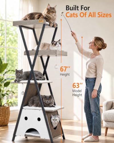 Modern Wood Cat Tree Tower for Indoor Cats Large Adult 67 (67 inch / Greige)