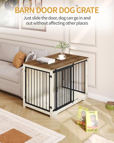 43.3" XL Dog Crate Furniture Indoor Dog Kennel with Barn Door (White Brown / 43.3"L x 27.5"W x 31.8"H)