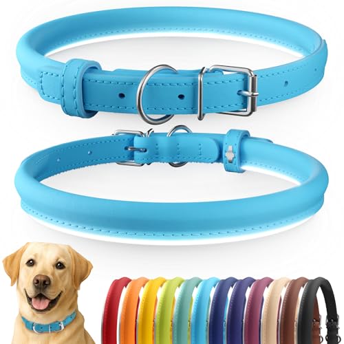 Tangle Free Reflective Leather Dog Collar (Light Blue / XL)