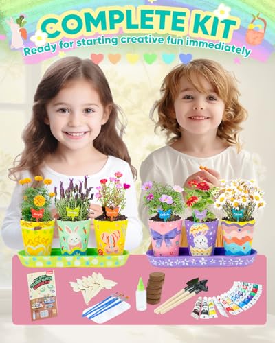 Kids Gardening Set Paint and Plant Stoneware Flower Growing Kit with 6 Pots and Gardening Tools Arts and Crafts for Kids Ages 8 (6-set)