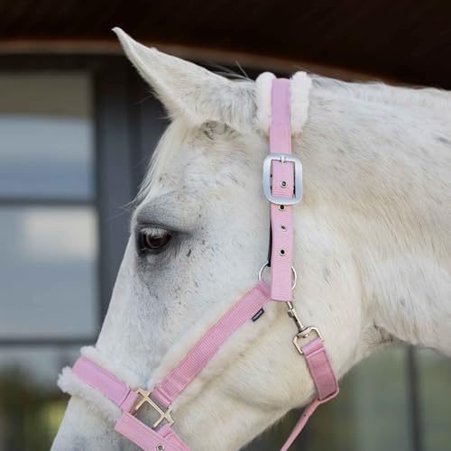 Valkyrie Ultra Fleece Padded Leather Fuse Breakaway Horse Halter (Sweet Pink/Ivory White / Warmblood)