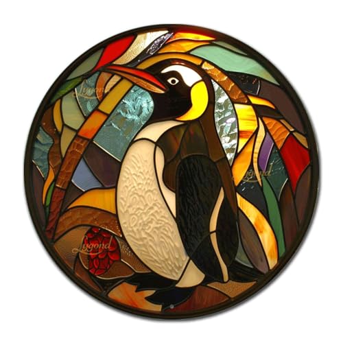 Metal Sign Tin Sign Circular Stained Glass Penguin Greenhouse Decor for Patio 12×12 Inches (12×12 Inches / Penguin)