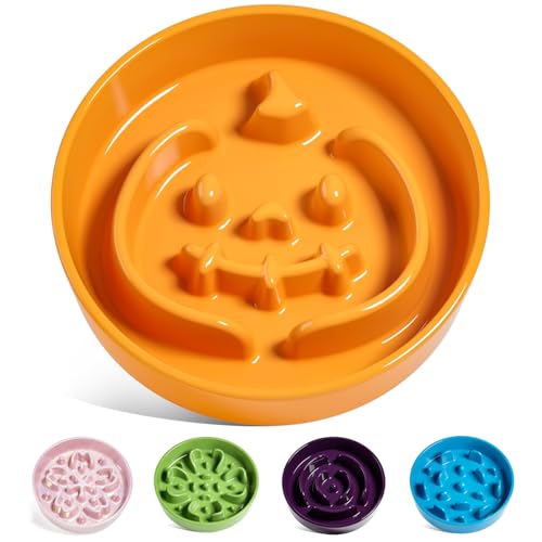 Ceramic Slow Feeder Dog Bowl for Medium & Large Dogs (Pumpkin Orange / L-3 Cups)