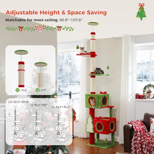 Floor to Ceiling Christmas Cat Tree (91''-108'' / Red & Green)