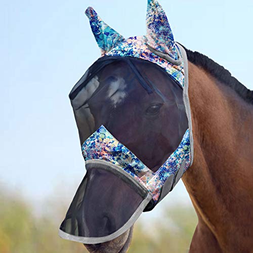 LumiVista Horse Fly Mask Long Nose with Ears UV Protection for Horse Pastel Mix M Cob (Pastel Mix / Cob (Medium))