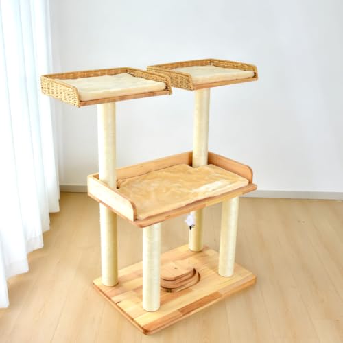 Modern Natural Real Wood Large Cat Tree with Extra Large Platform Perch for Indoor Cats Maine Coon (F)