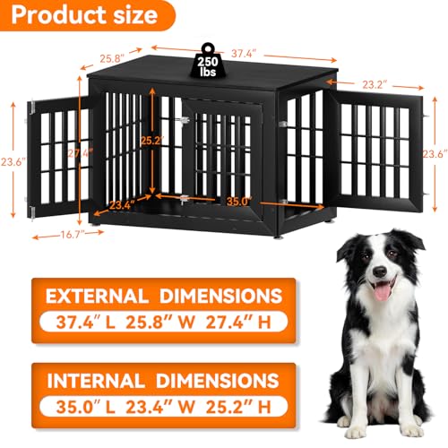 38" Heavy Duty Dog Crate Furniture for Large (37.4"L x 25.8"W x 27.4"H / Black)
