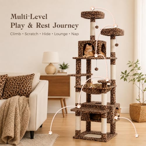 72" Leopard Tall Cat Tree for Large Cats with Condo & Sisal Posts (Leopard / 72")