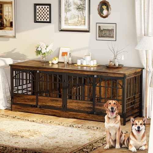 86" Double Dog Crate with Divider (Cognac Brown / 28.0"L x 86.0"W x 32.0"H)