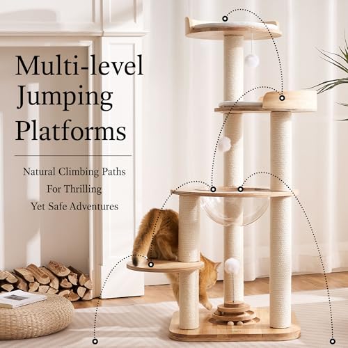 Modern Solid Wood Cat Tree Tower (49 Inch-Turntable Toy)