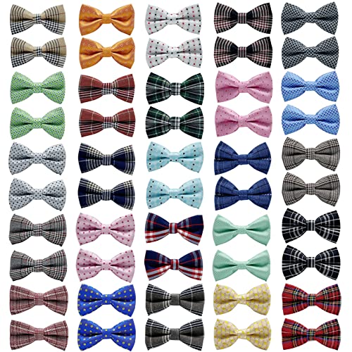 Dog Bow Tie 50 Pcs Adjustable Elastic Rubber Band Double Layer Bow Ties for Small Medium Large Dogs & Big Cats Pet Collar Charms Accessories Bowties for Birthday Wedding Parties (Medium)