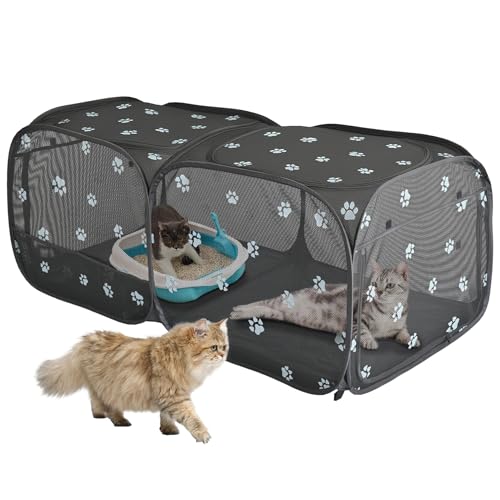 2-in-1 Dog Playpen 58''Pop Up Cat Pet Playpen, Assembly-Free Indoor Outdoor Kitten Enclosure, Breathable Cat Cage Portable Puppy Tent Crates,Spacious Kennel for Small Animals, No Confinement Feel(M) (Black Mesh / M, 58.3"L x 30"W x 24.1"H)