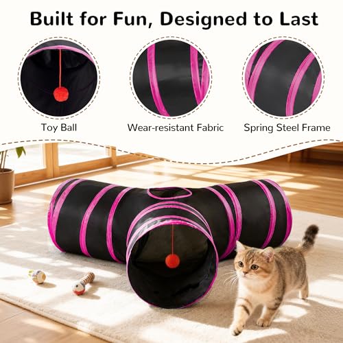 Cat Tunnel, 3-Way Collapsible Toy for Indoor Cats, Black & Red (Black & Rose Red / Small)