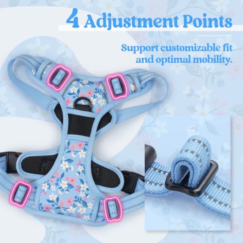 Dog Harness No Pull for Large Dogs with 2 Leash Clips (Medium / Blue Floral)