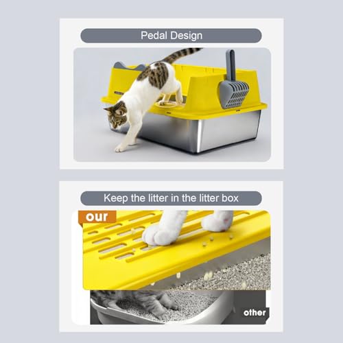 XL Stainless Steel Cat Litter Box for All Cats with High Sides and Scoop (Yellow / X-Large)