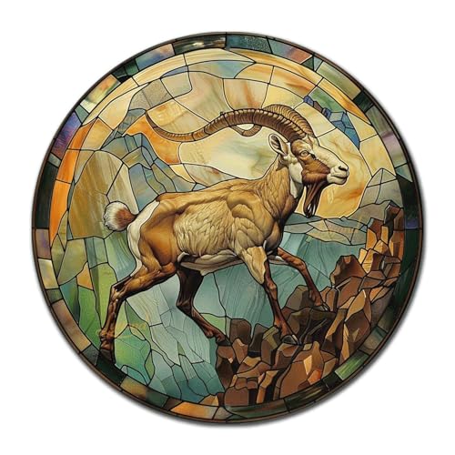 Metal Sign Tin Sign Circular Stained Glass Mountain Goat Garden Metal Sign For Bar 8×8 Inches (8×8 Inches / Mountain Goat-2)