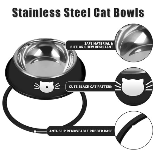 2 Pcs Non Slip Stainless Steel Small Cat Food Bowls (Black / 13 oz)