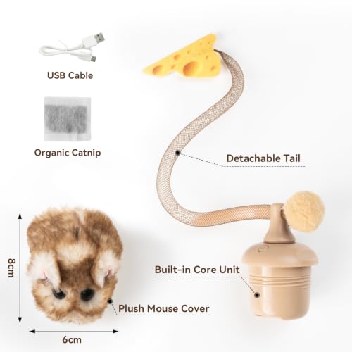Interactive MigiMouse Cat Toy 360° Rolling & Spin with Mesh Plastic Tail for Indoor Cats Smart Motion Sensor