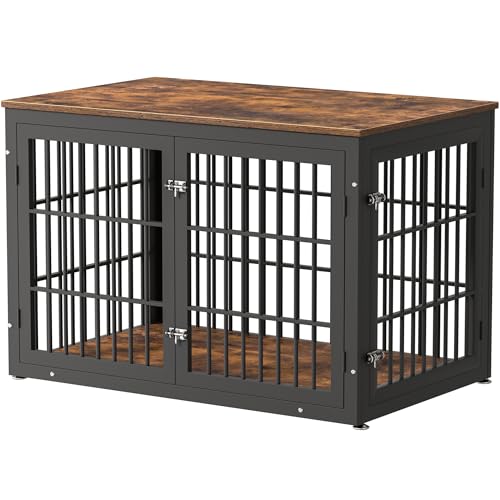 46" Heavy Duty Dog Crate Furniture for Large Dogs (Black + Rustic Brown / 46.0"L x 29.1"W x 31.1"H)