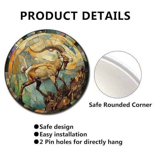 Metal Sign Tin Sign Circular Stained Glass Mountain Goat Garden Metal Sign For Bar 8×8 Inches (8×8 Inches / Mountain Goat-2)