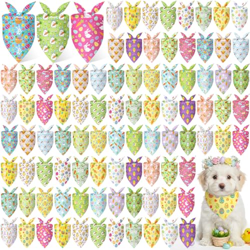 100 Pcs Easter Dog Bandanas Bulk Bunny Egg Carrot Bandanas for Dogs Triangle Kerchief Bibs Scarf Set for Pet Costume Easter Photo Props Accessories Pet Shops (Easter / 19.7 x 13.8 x 13.8 Inch)