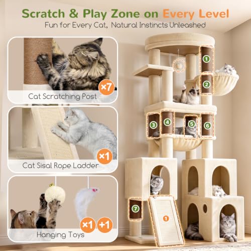 Tall Cat Tower for Indoor Adult Cats (Beige / 72 inch)