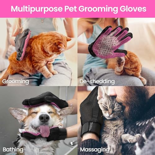 Pet Hair Removal Glove with 255 Silicone Tips for Dogs & Cats (Pink)